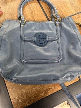 Tory Burch Slate Blue Pebbled Leather Shoulder Tote with Logo Medallion
